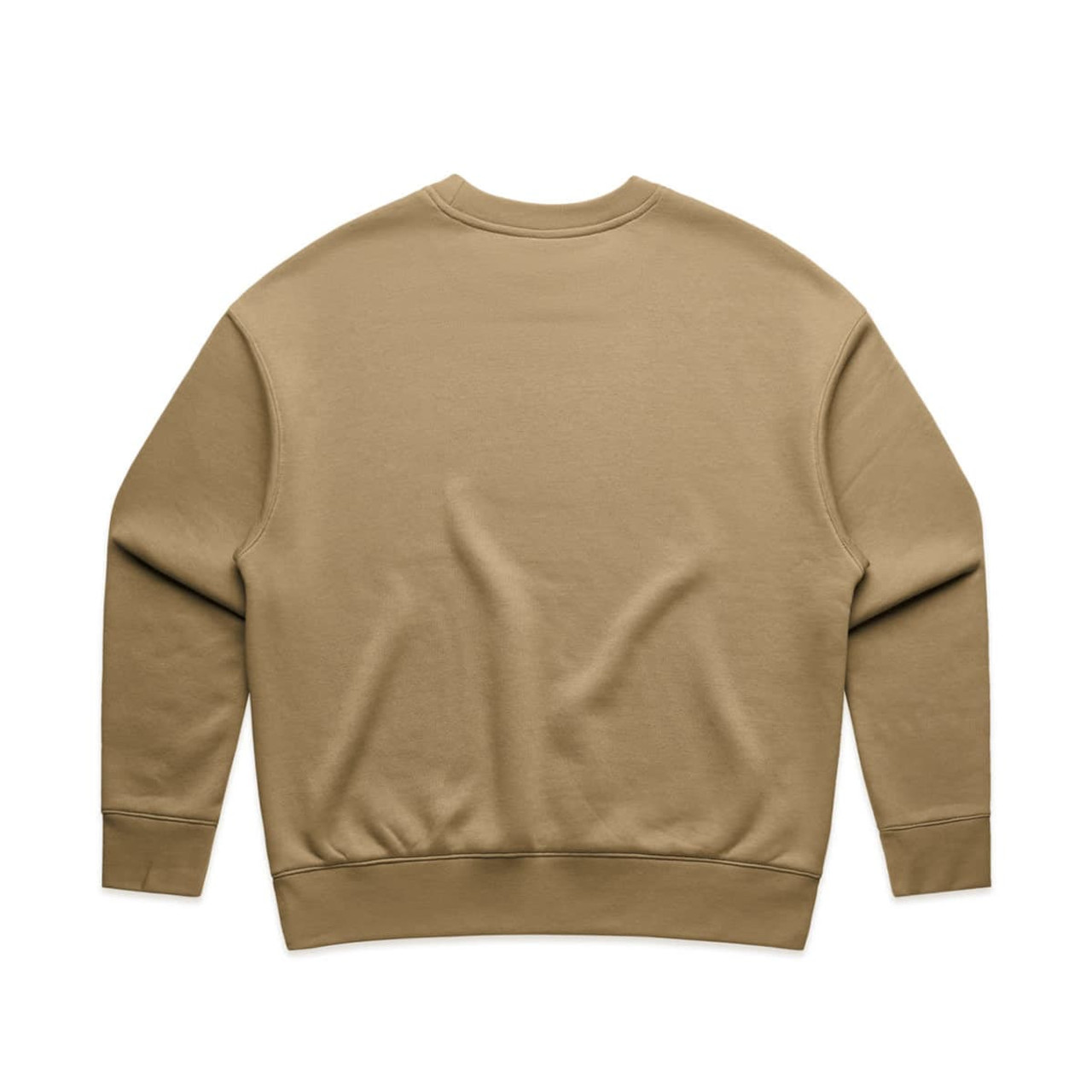 A beige crew jumper with a simple, unadorned design and ribbed cuffs. It features a branding logo.