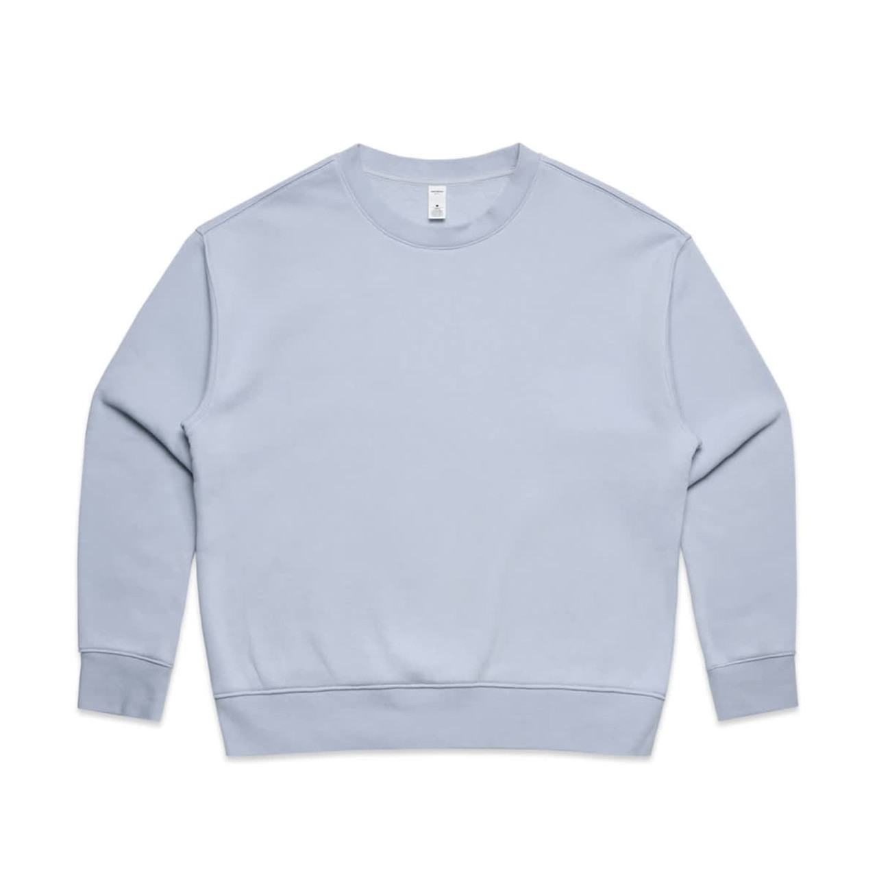 A light blue jumper featuring long sleeves and a crew neck design. It includes a small logo at the neckline.
