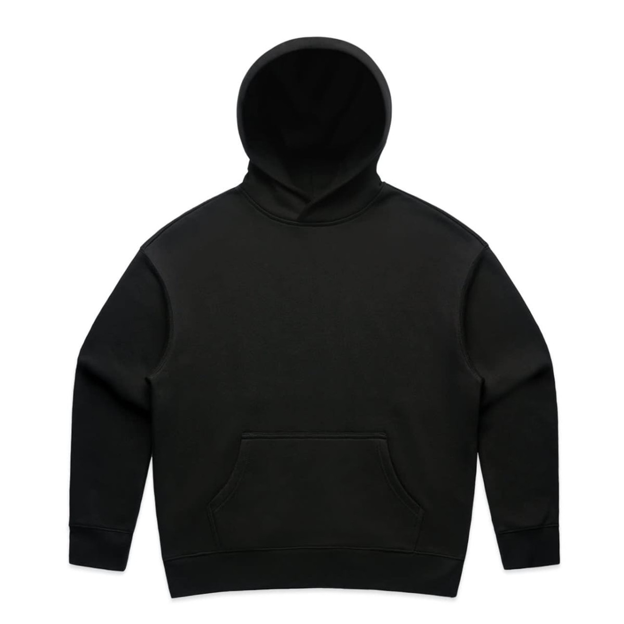 A black hoodie featuring a front pocket and a spacious hood, with a simple design and no visible logos.