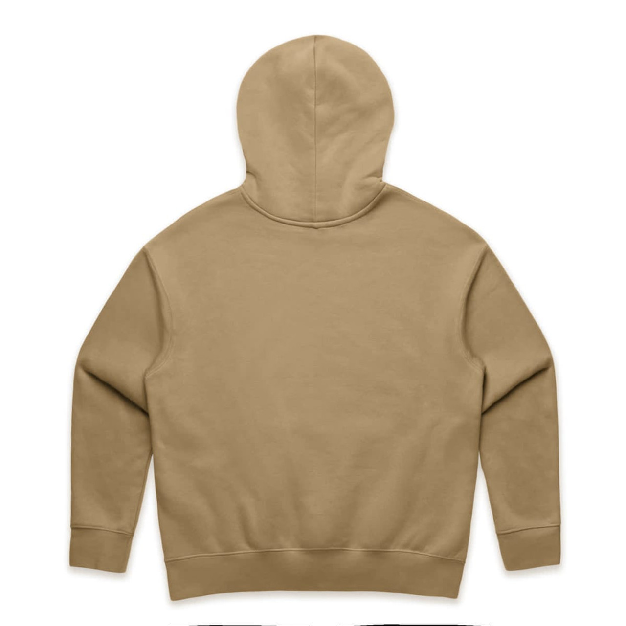 A beige hoodie with a hood, featuring a plain back design and no visible branding.