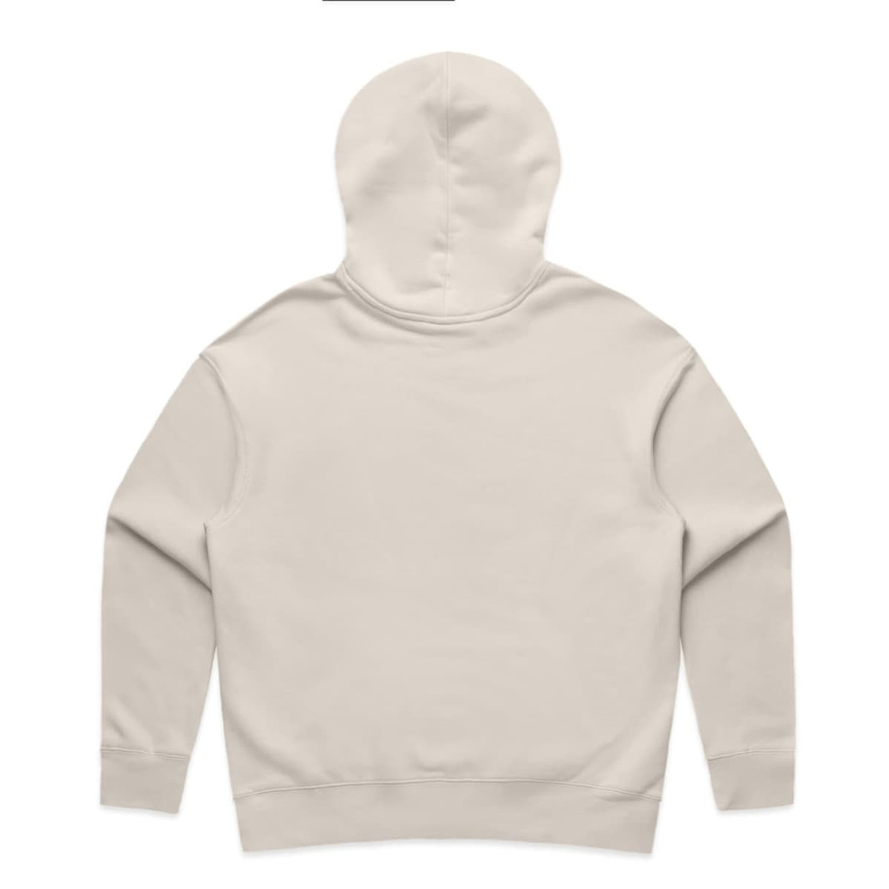 A beige hoodie with a hood and no visible branding, featuring a simple back design.