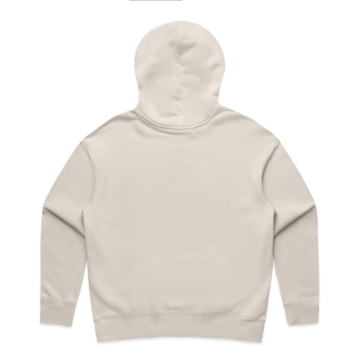 A beige hoodie with a hood and no visible branding, featuring a simple back design.