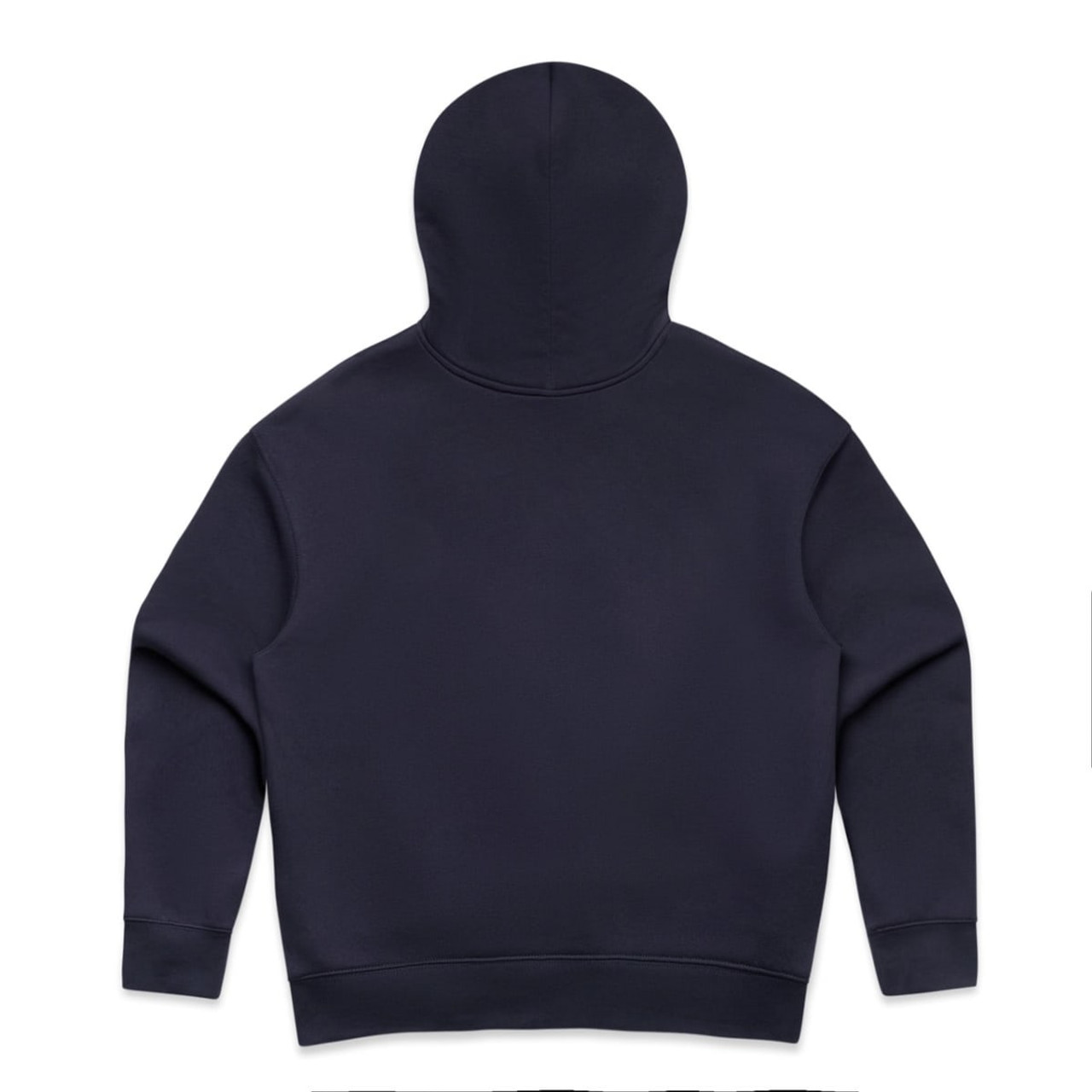 A navy blue hoodie featuring a hood and long sleeves, with a simple design and a logo present.