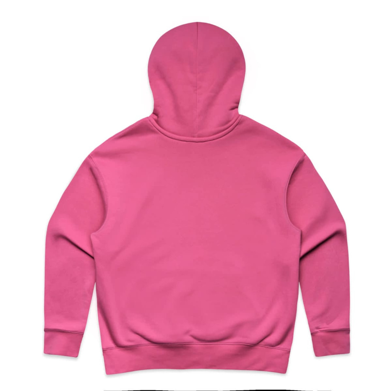 A pink hoodie featuring a spacious hood and long sleeves, has a minimalist design with no visible logos.