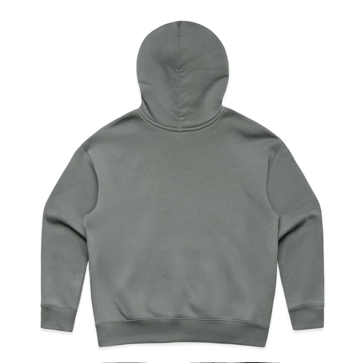 A grey hoodie with a large hood and a plain back, featuring a logo at the neckline.