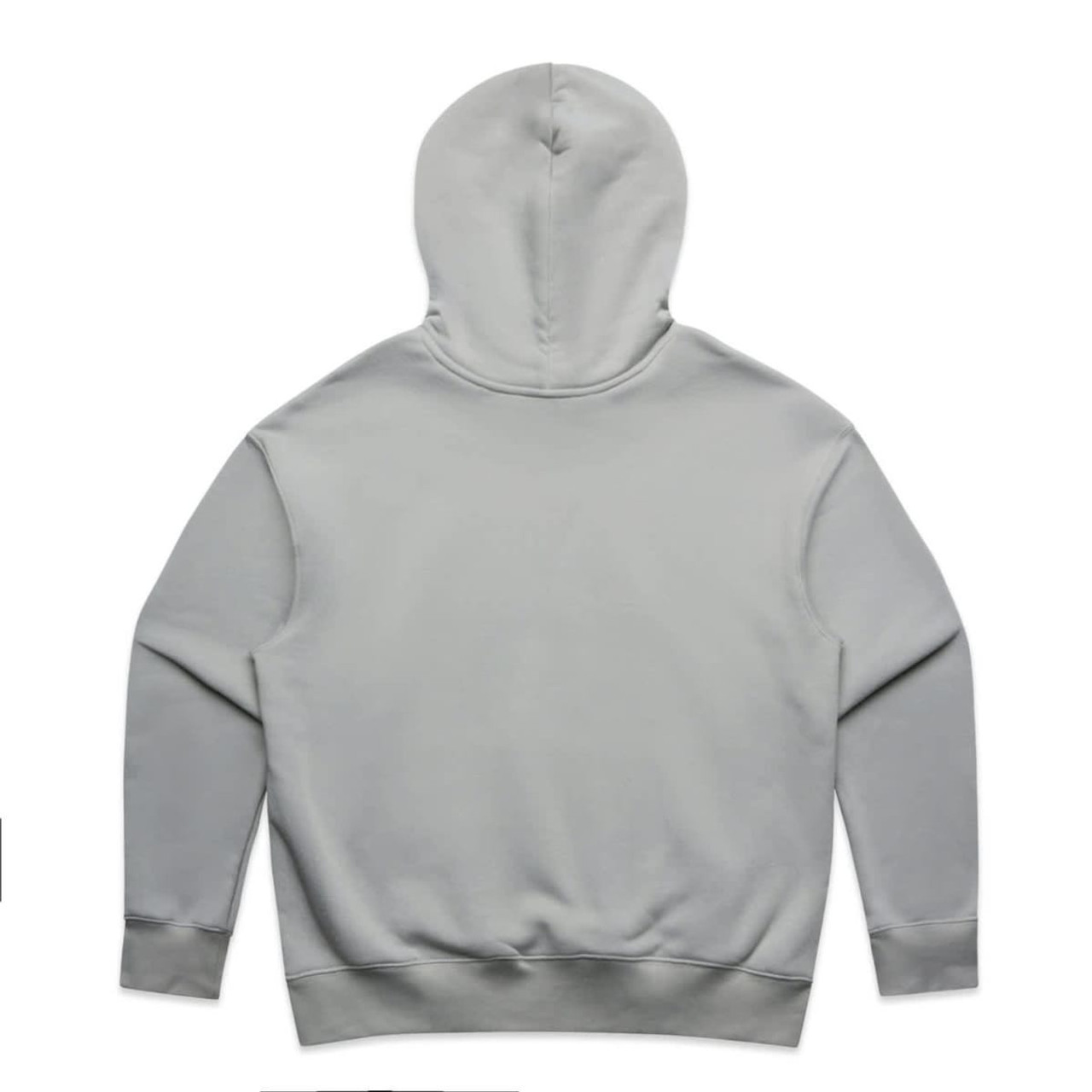 A light grey hoodie with a hood, featuring long sleeves and a simple design. It has a logo on the back.
