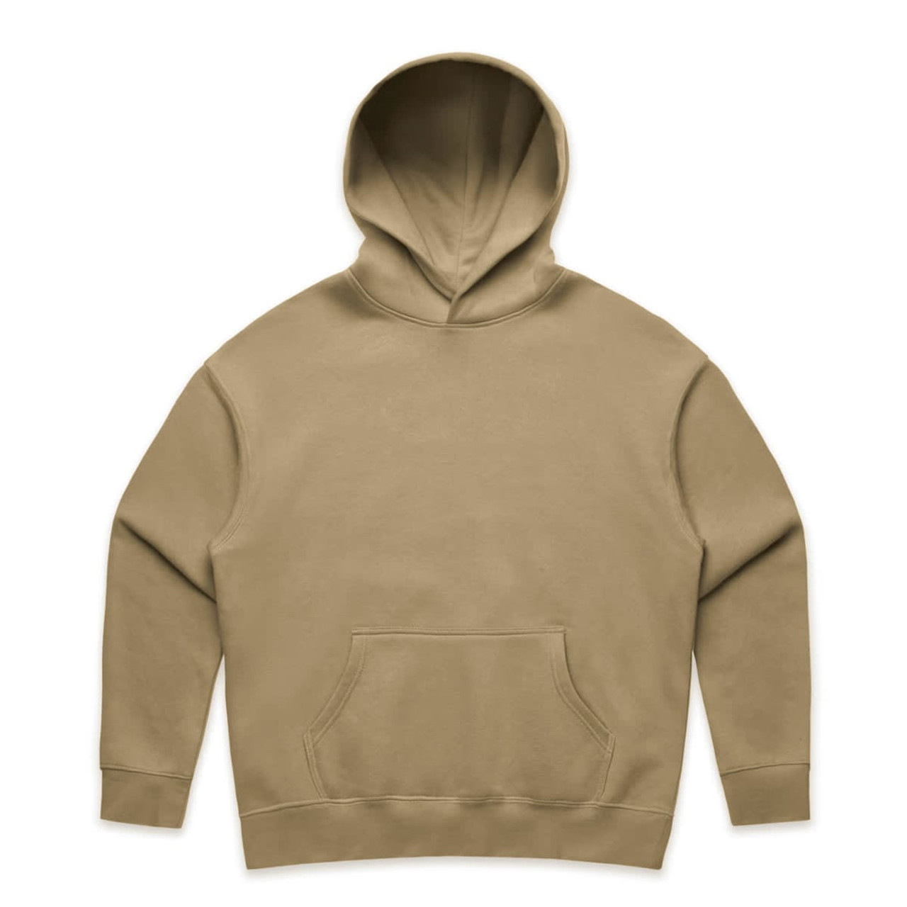 A beige hoodie with a front pocket and a large hood, featuring a logo on the front.