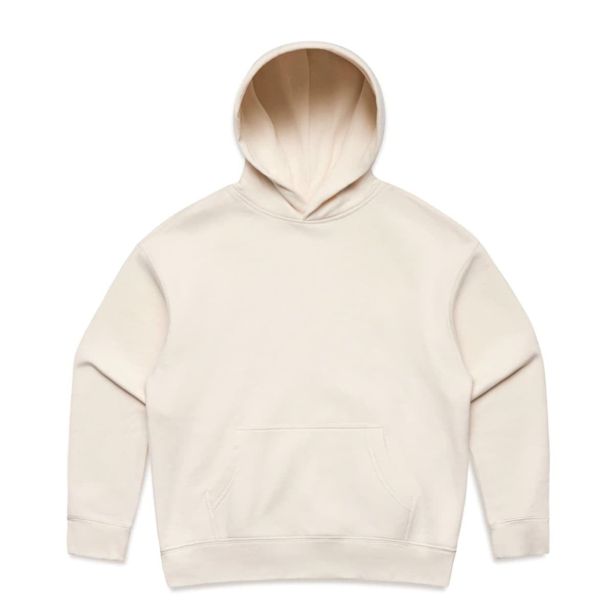 A cream-coloured hoodie featuring a front pocket and a hood. It has a logo on it.