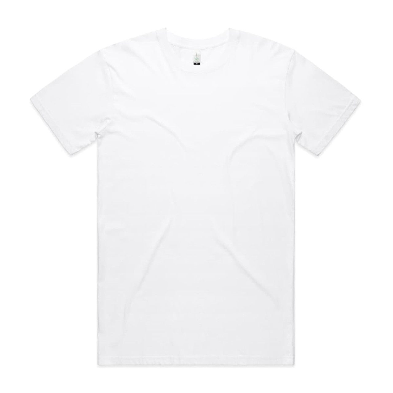 A white organic T-shirt with a round neck and short sleeves, featuring a branding label. A white organic T-shirt with a round neck and short sleeves, featuring a branding label.