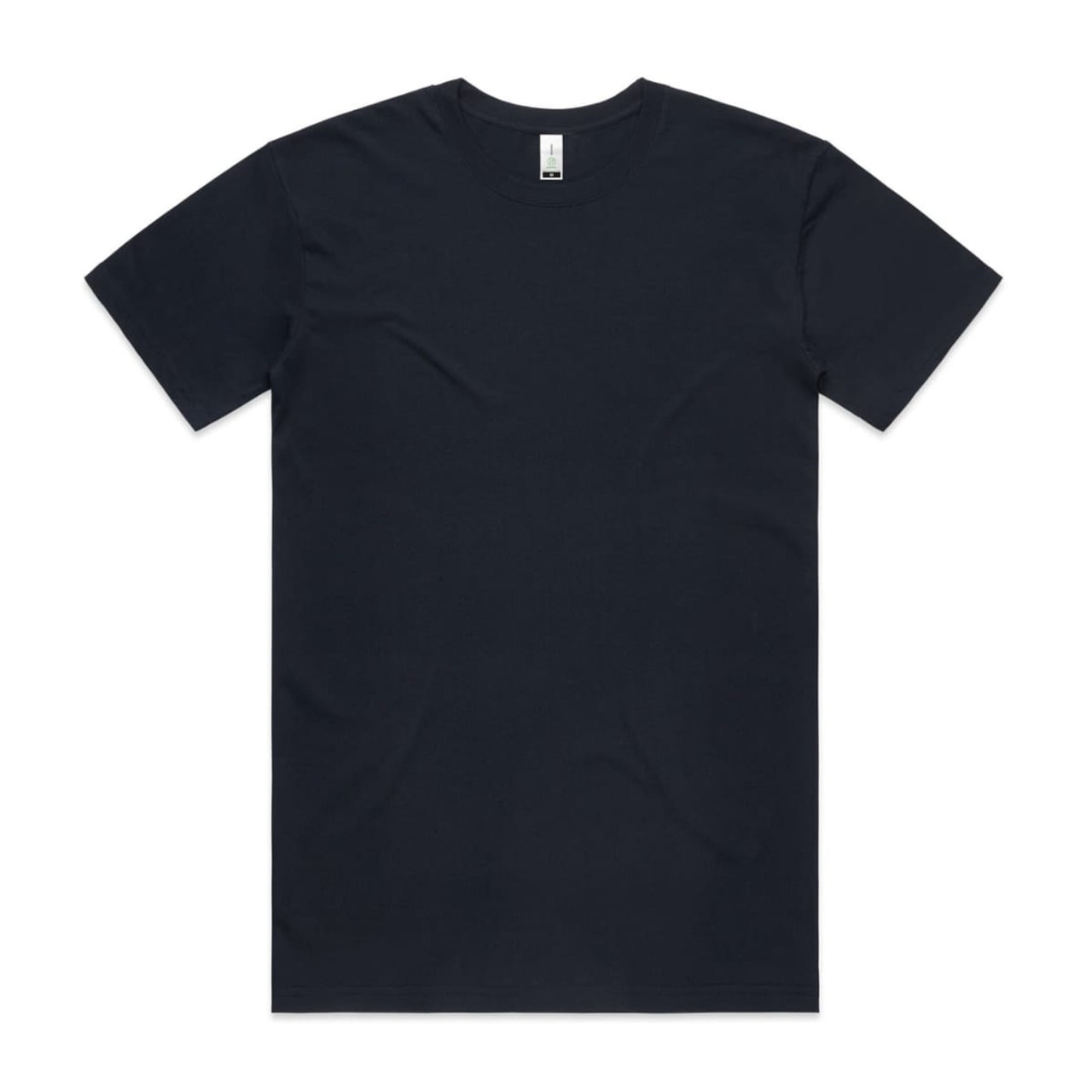 A navy blue organic t-shirt with short sleeves and a crew neckline, featuring a branding label inside. A navy blue organic t-shirt with short sleeves and a crew neckline, featuring a branding label inside.