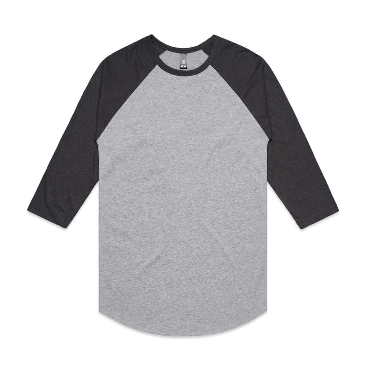 A grey and charcoal raglan tee with three-quarter sleeves and a round hem, featuring a logo.