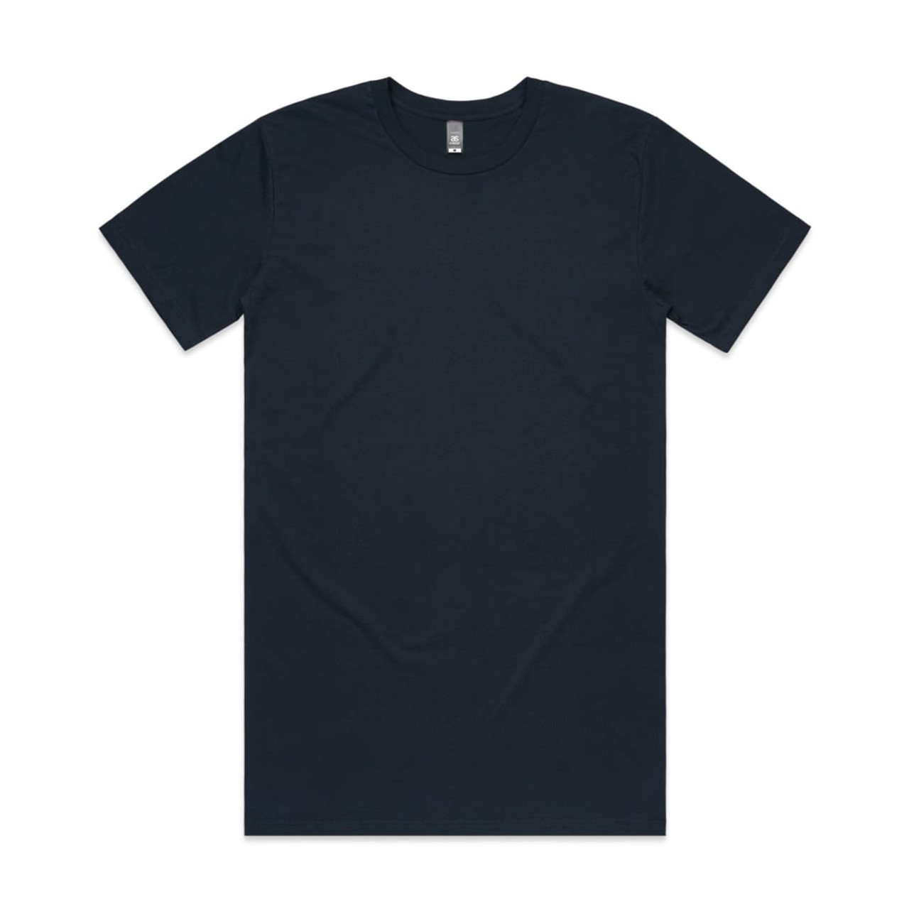 A plain, dark navy T-shirt with short sleeves, featuring a simple design and a label at the neckline.