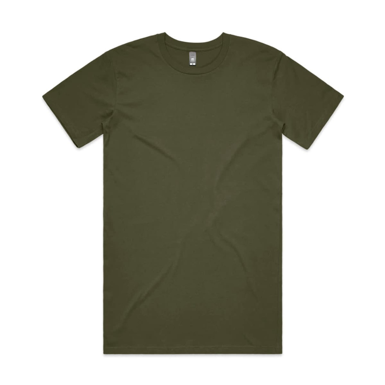 An olive green T-shirt with short sleeves and a crew neckline. It has a blank design and features a logo.