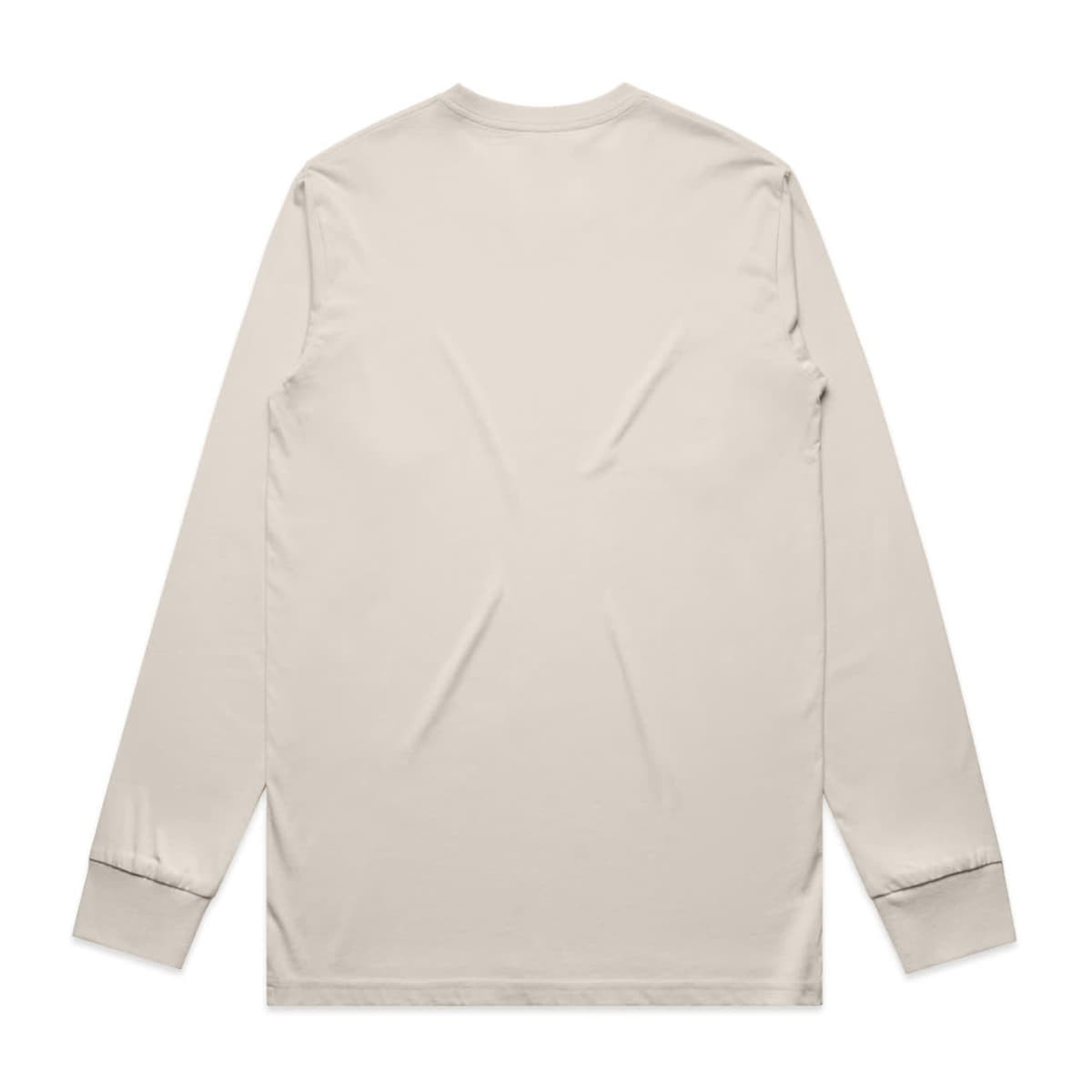 A long-sleeved, cream-coloured t-shirt with a plain back and fitted cuffs. It features a small logo.