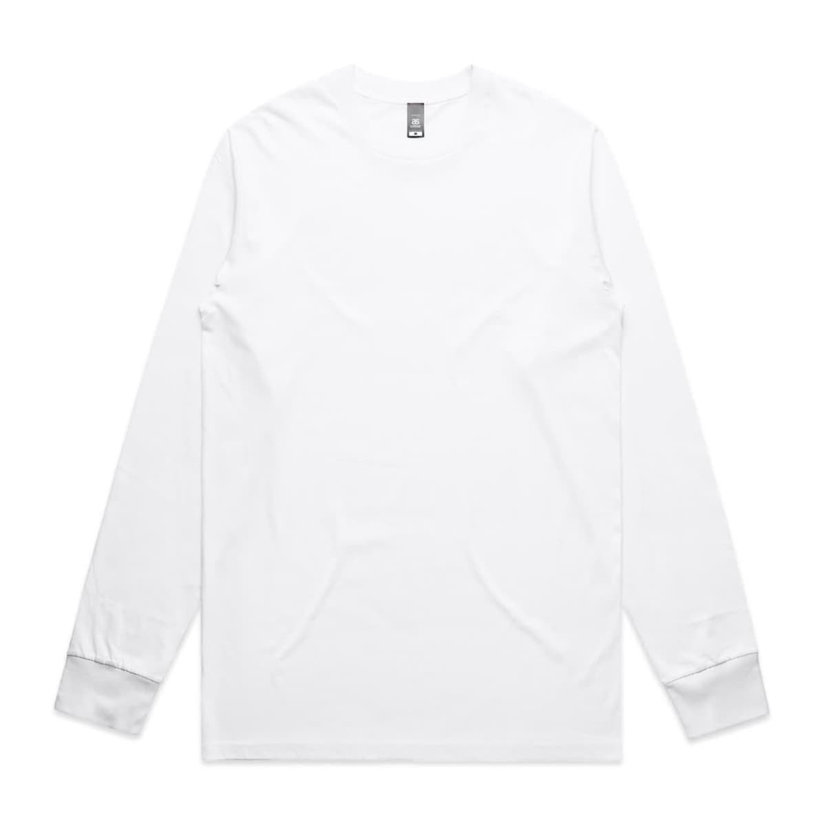 A white long-sleeve T-shirt with a simple design and a logo on the neckline.