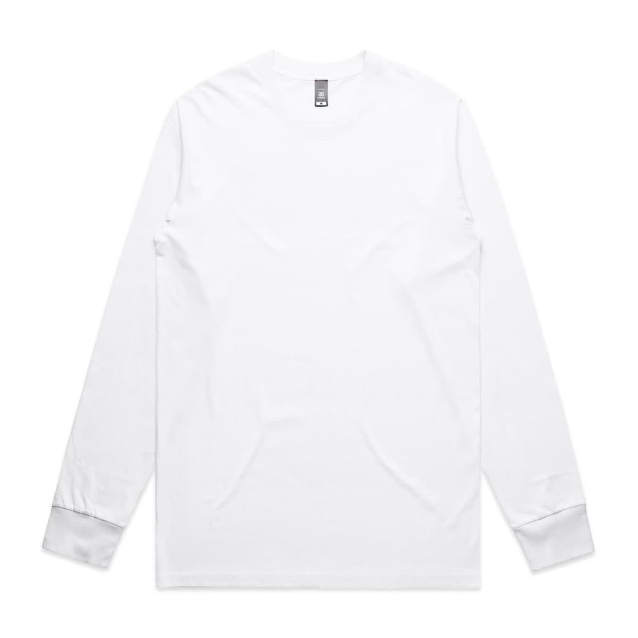 A white long-sleeve T-shirt with a simple design and a logo on the neckline. A white long-sleeve T-shirt with a simple design and a logo on the neckline.