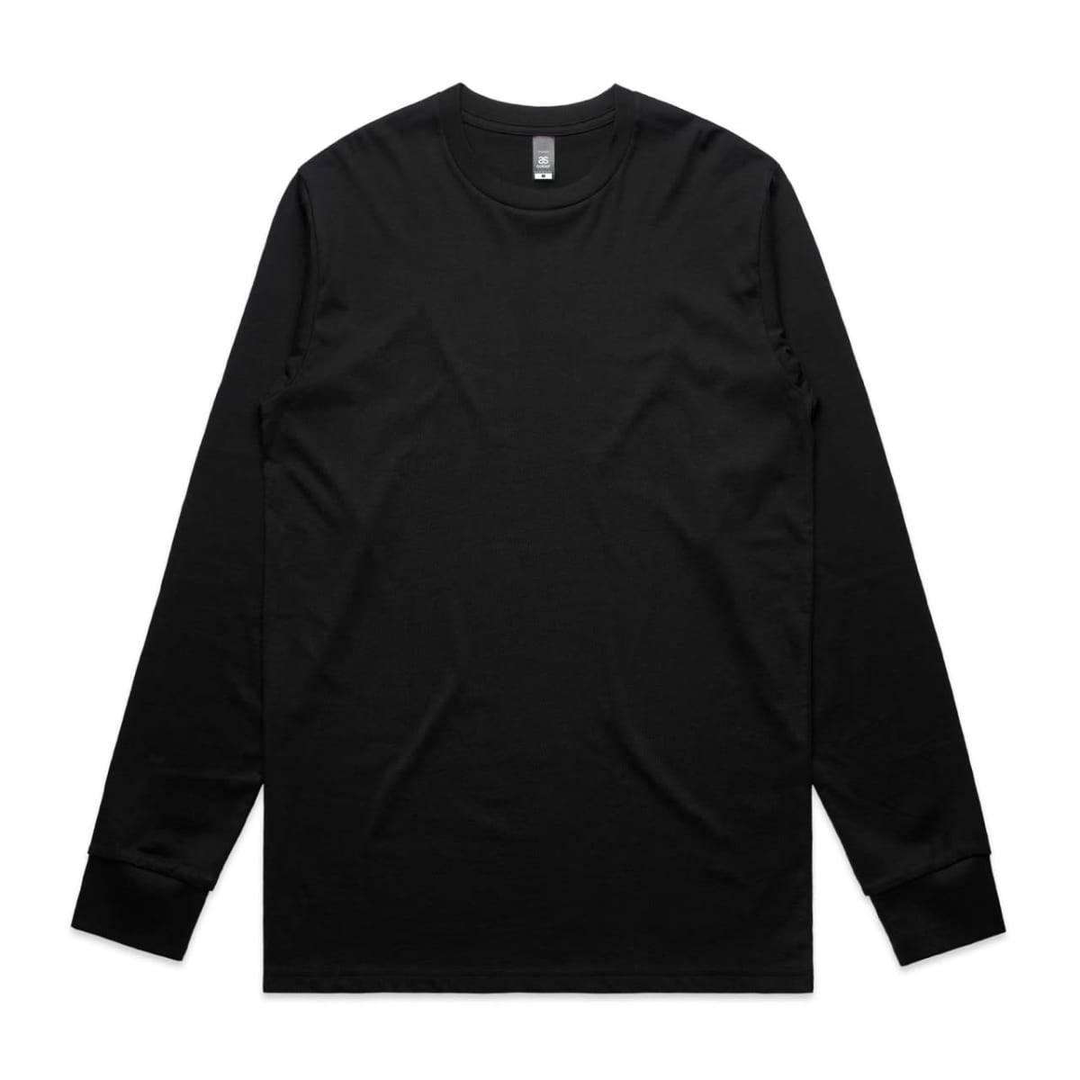 A black long-sleeved t-shirt featuring a simple design and a brand logo.
