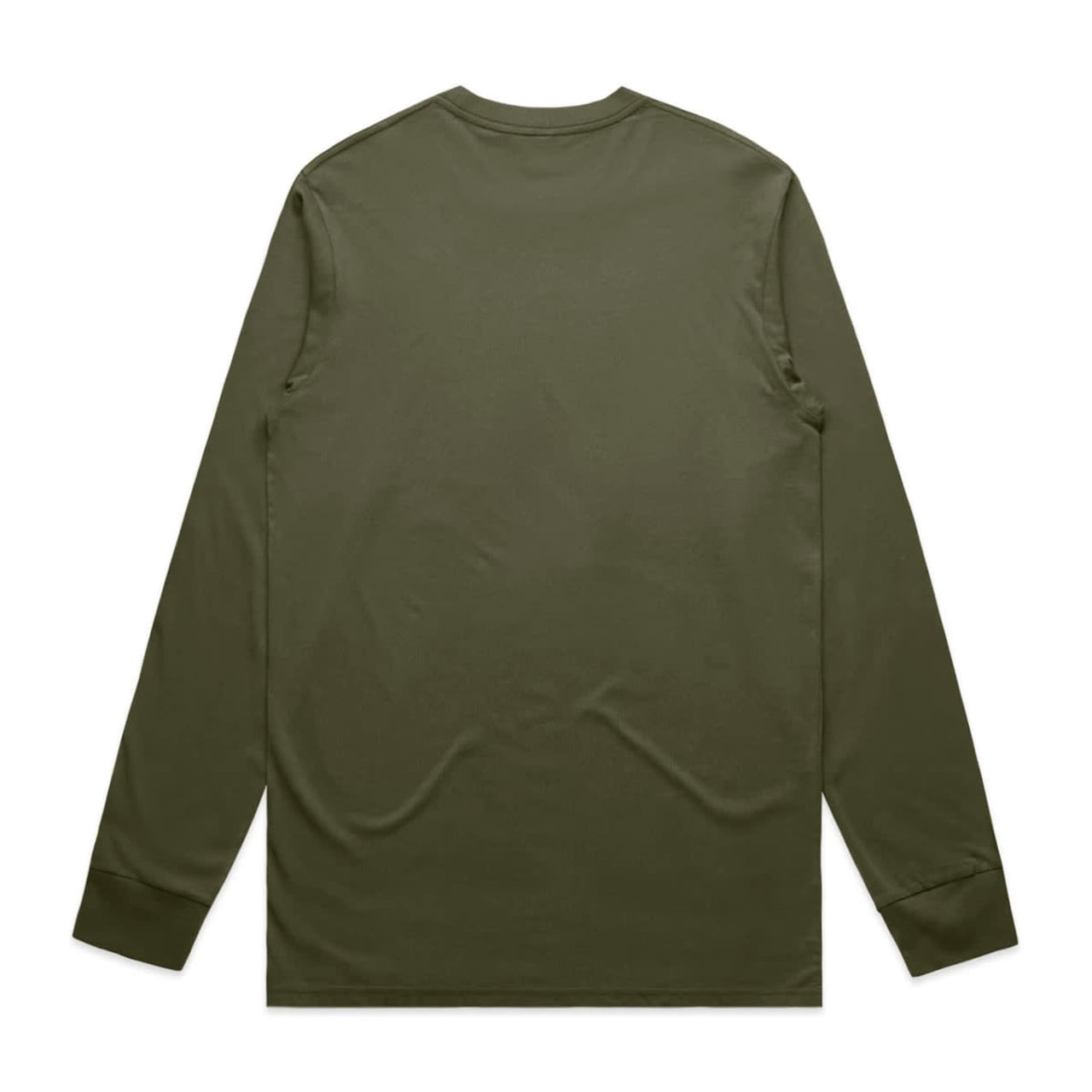 A long-sleeve t-shirt in olive green with a simple design and back view. It features a logo on the back. A long-sleeve t-shirt in olive green with a simple design and back view. It features a logo on the back.