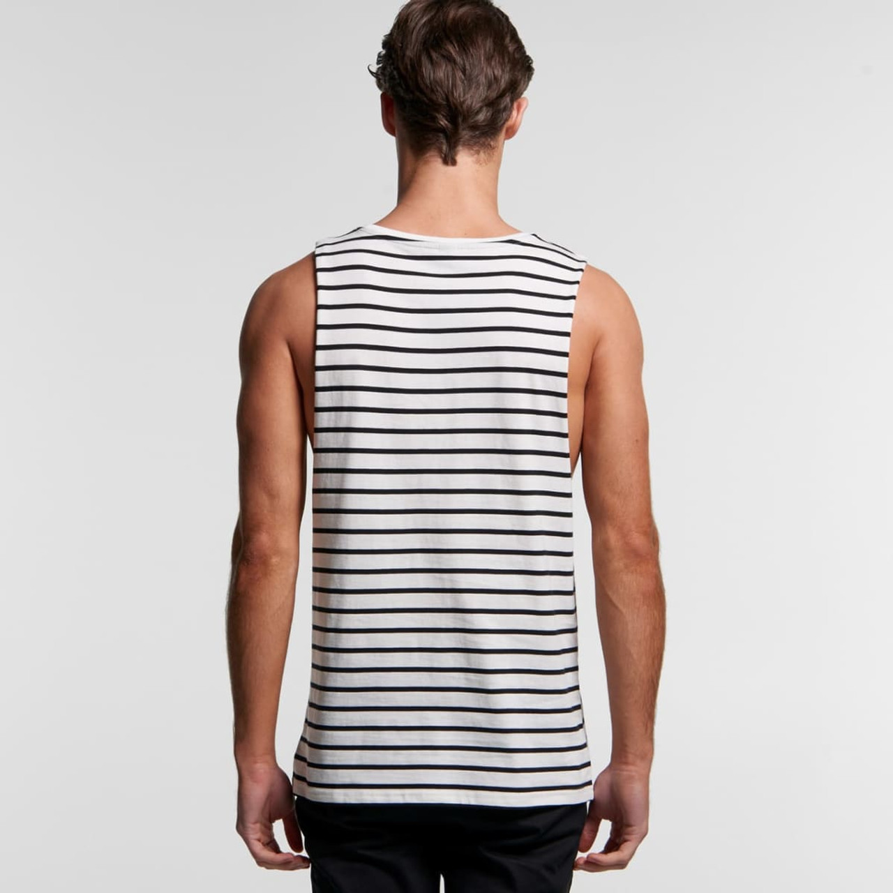 A sleeveless striped singlet featuring black and white stripes, displayed from the back. It has a branding logo.