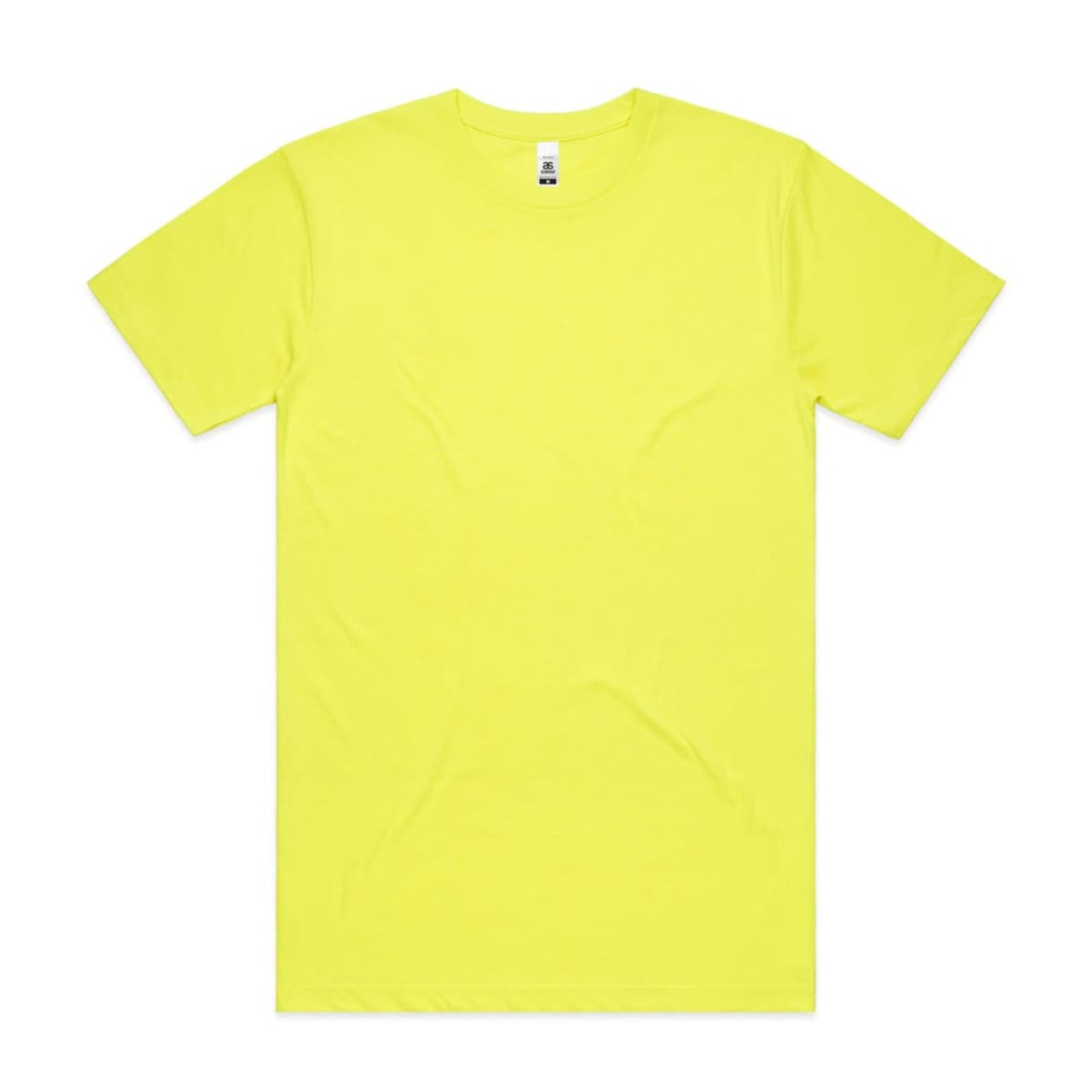 A bright yellow work t-shirt featuring a crew neck and short sleeves. It has a simple design and a logo. A bright yellow work t-shirt featuring a crew neck and short sleeves. It has a simple design and a logo.