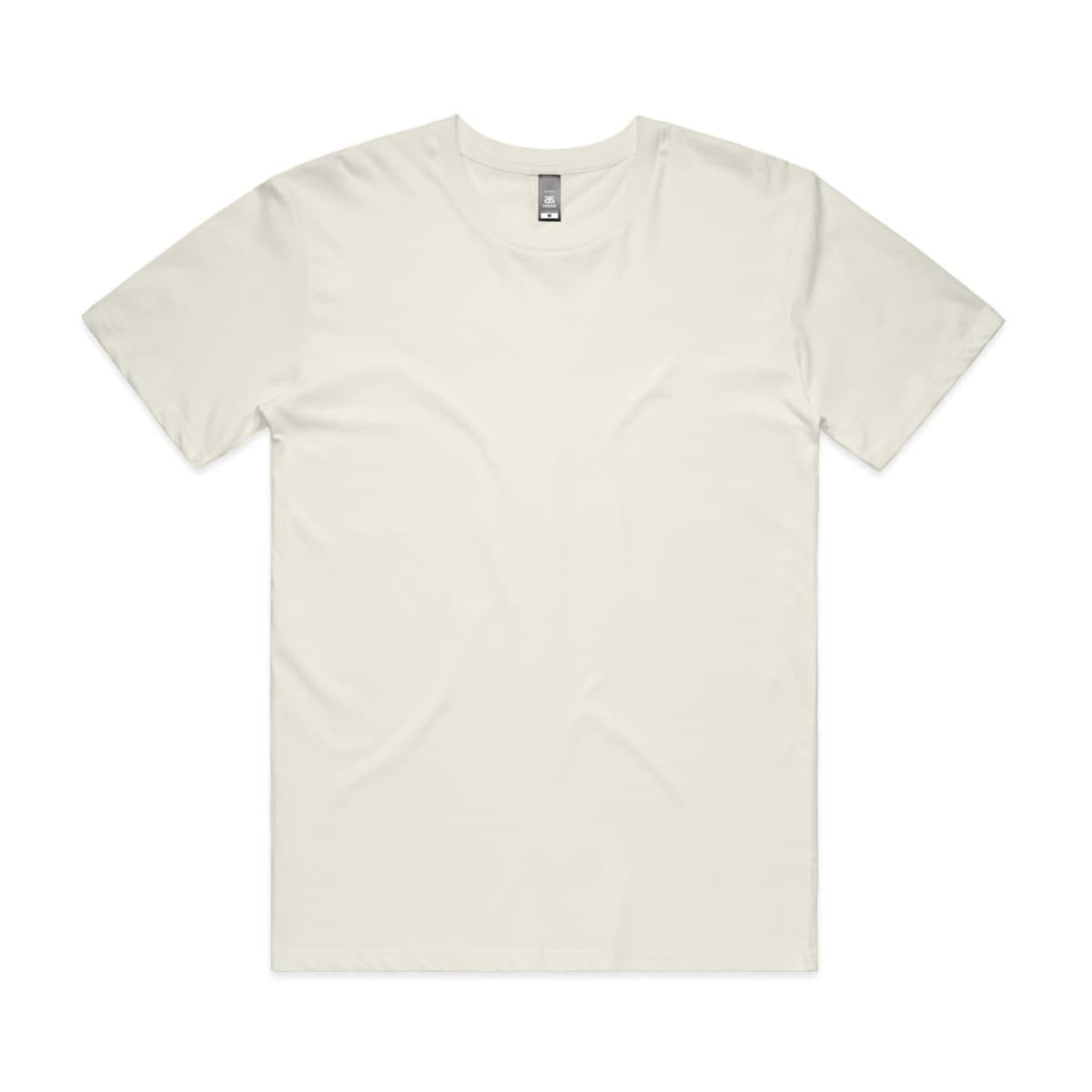 A plain, light cream-coloured T-shirt with a round neckline and short sleeves. It has a branding tag.