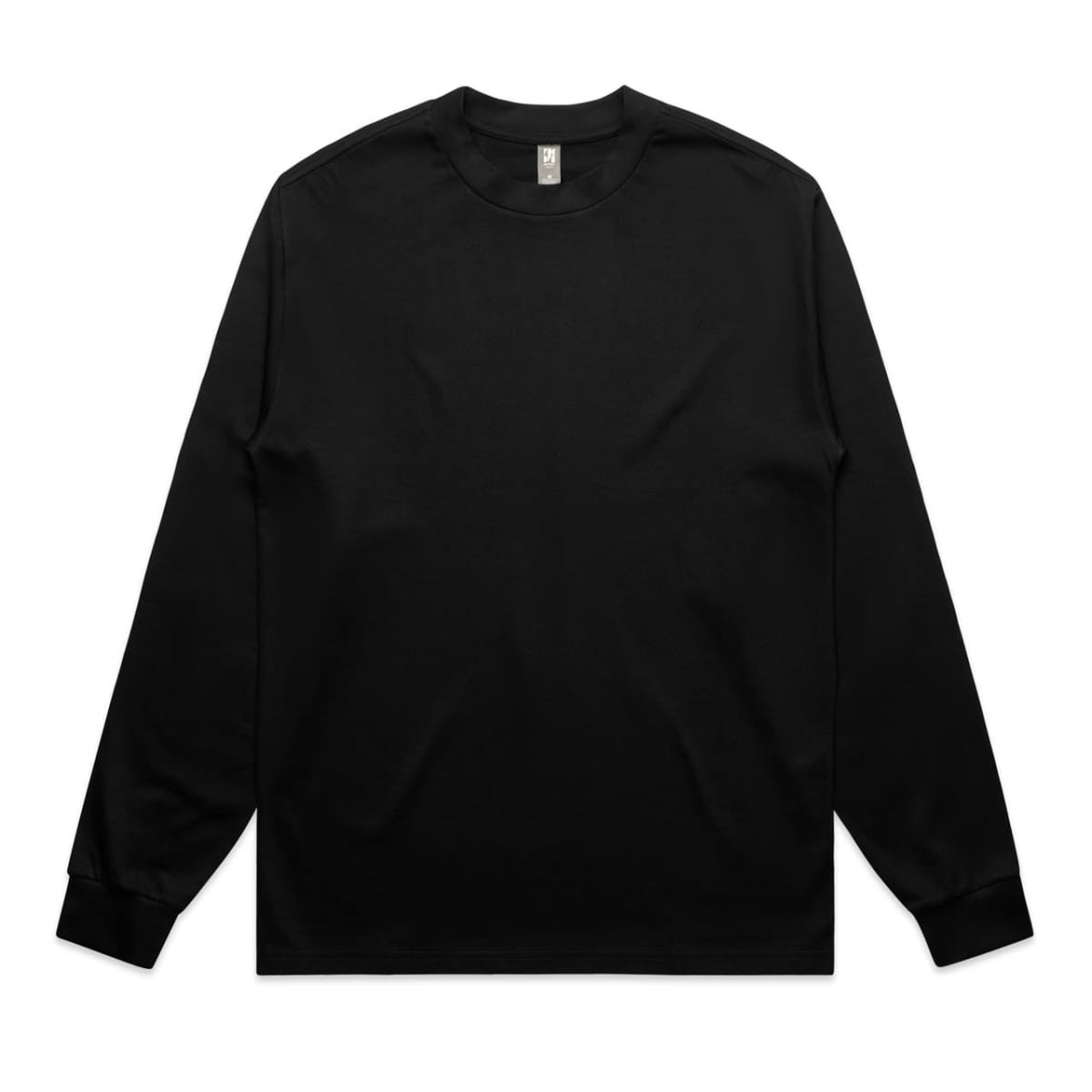A long-sleeve black t-shirt with a simple design and a small logo on the neckline.