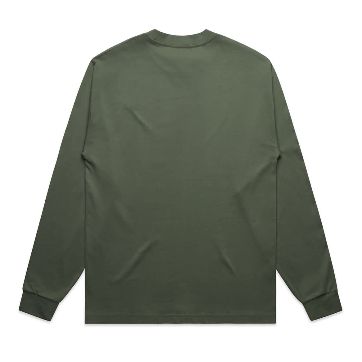 A long-sleeved T-shirt in olive green with a plain back design and fitted cuffs.