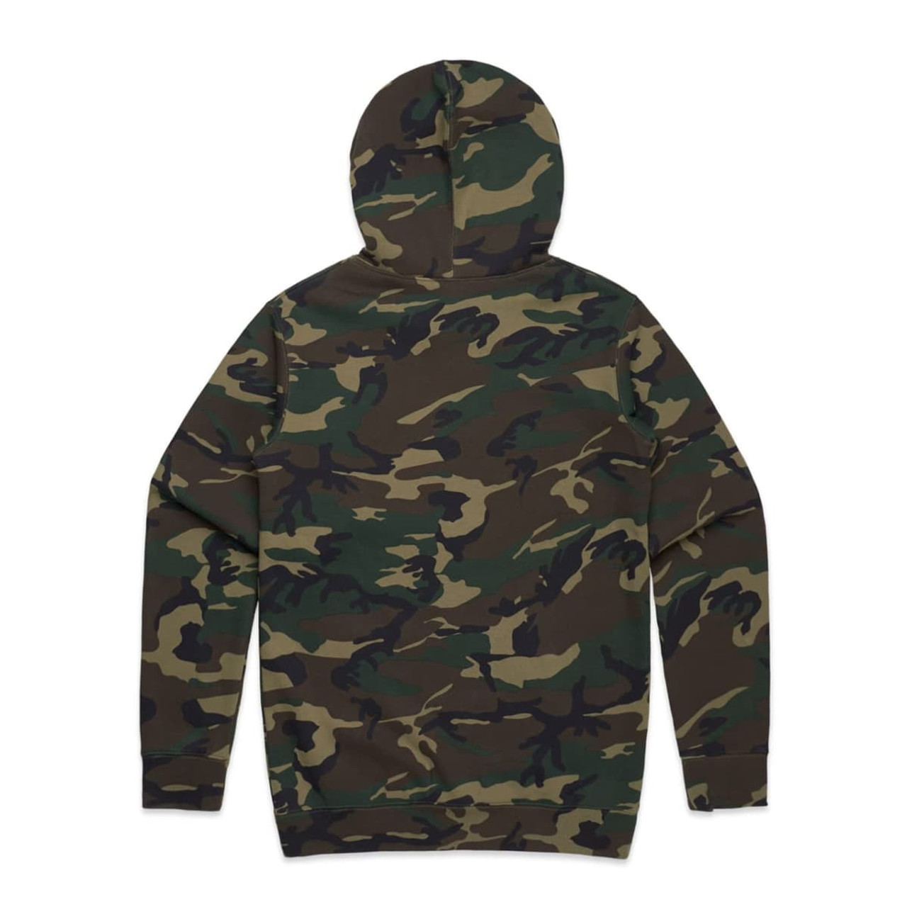 A camouflage hoodie in various shades of green and brown, featuring a hood and a logo.