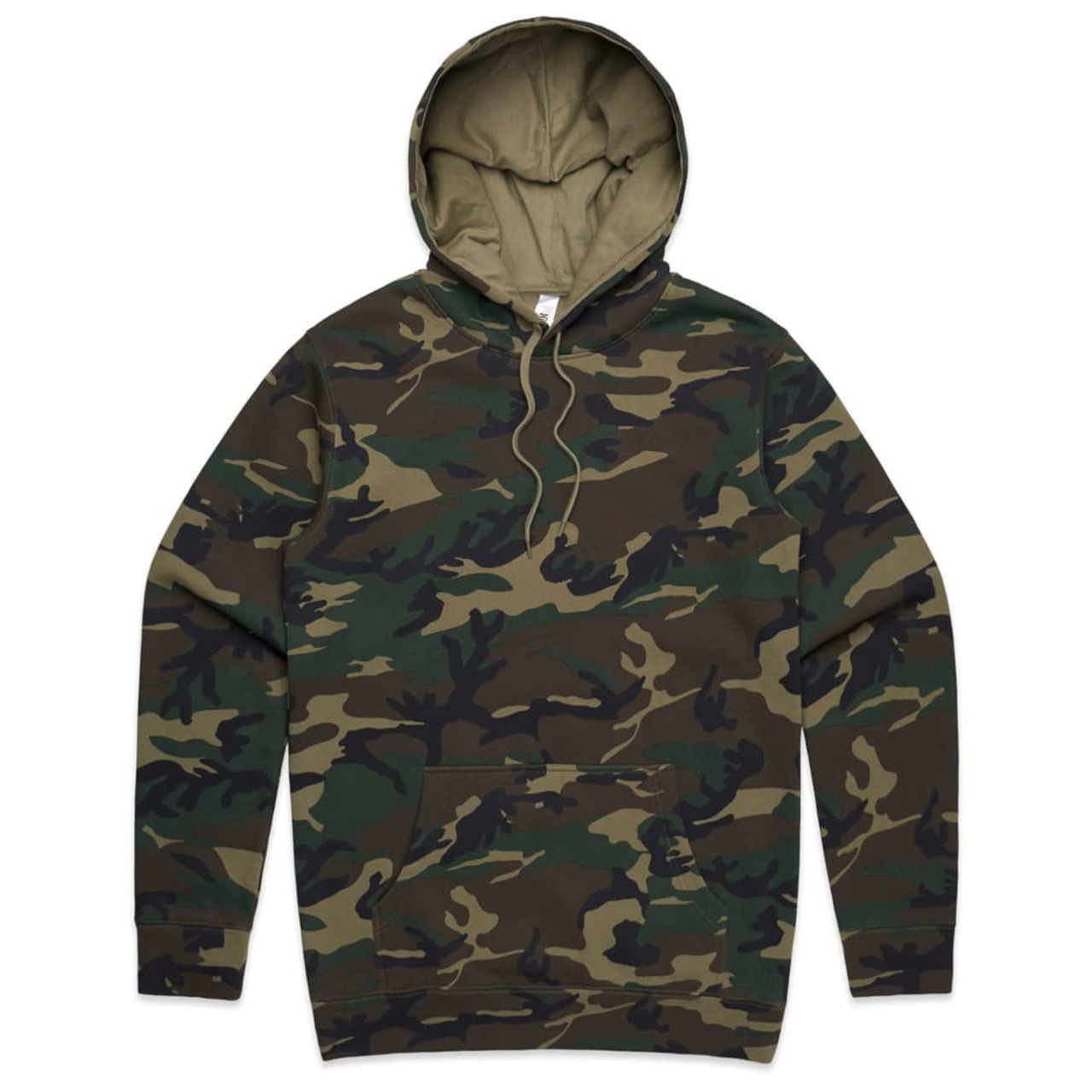 A hoodie featuring a stencil camo pattern in shades of green and brown, with a front pocket and a hood.
