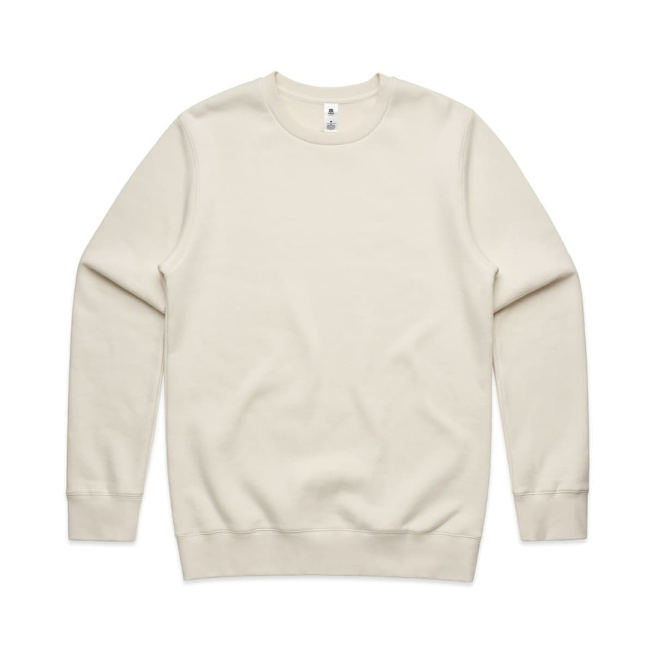 A cream-coloured jumper with a classic crew neck and long sleeves. It features a subtle logo on the label.