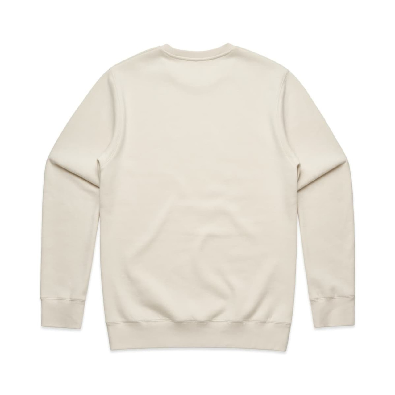A cream-coloured sweater with long sleeves and a plain back. It features a logo on the garment.