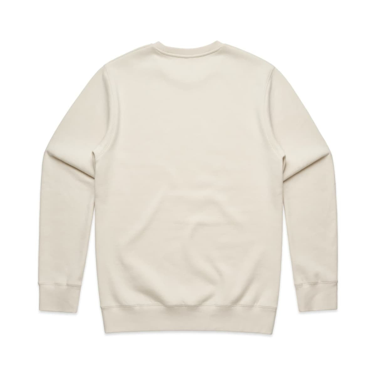 A cream-coloured sweater with long sleeves and a plain back. It features a logo on the garment.