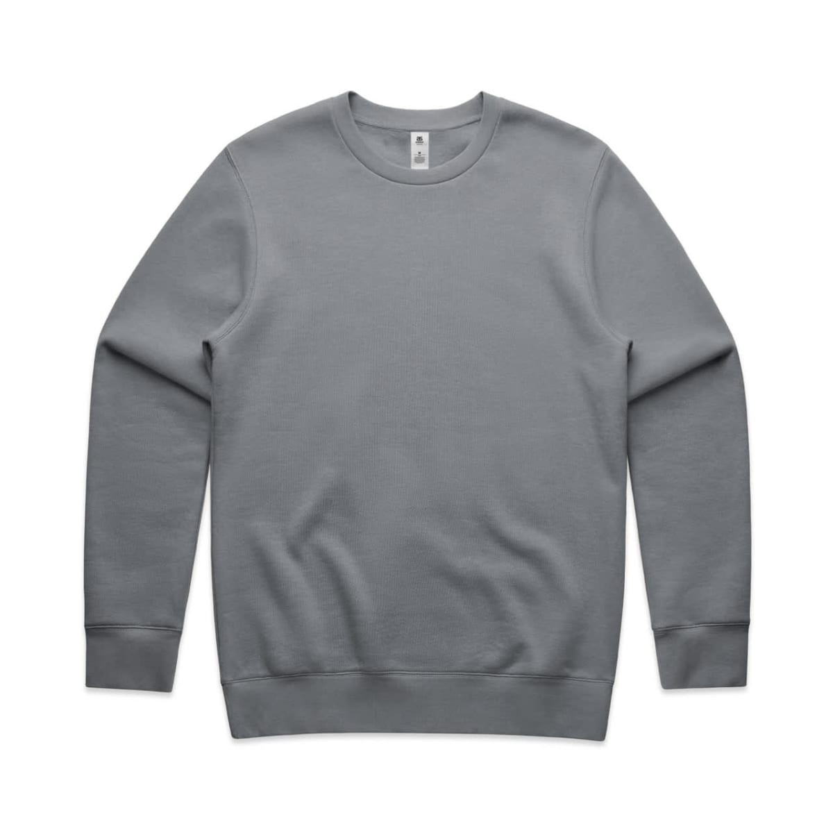 A grey sweatshirt with long sleeves and a round neckline, featuring a logo on the label.