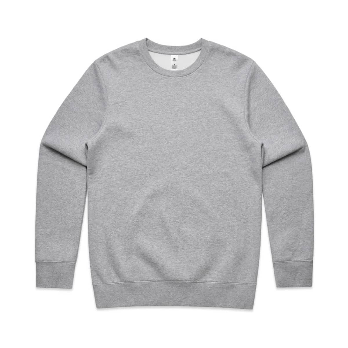 A grey jumper with long sleeves and a round neckline. It features a small logo on the front.