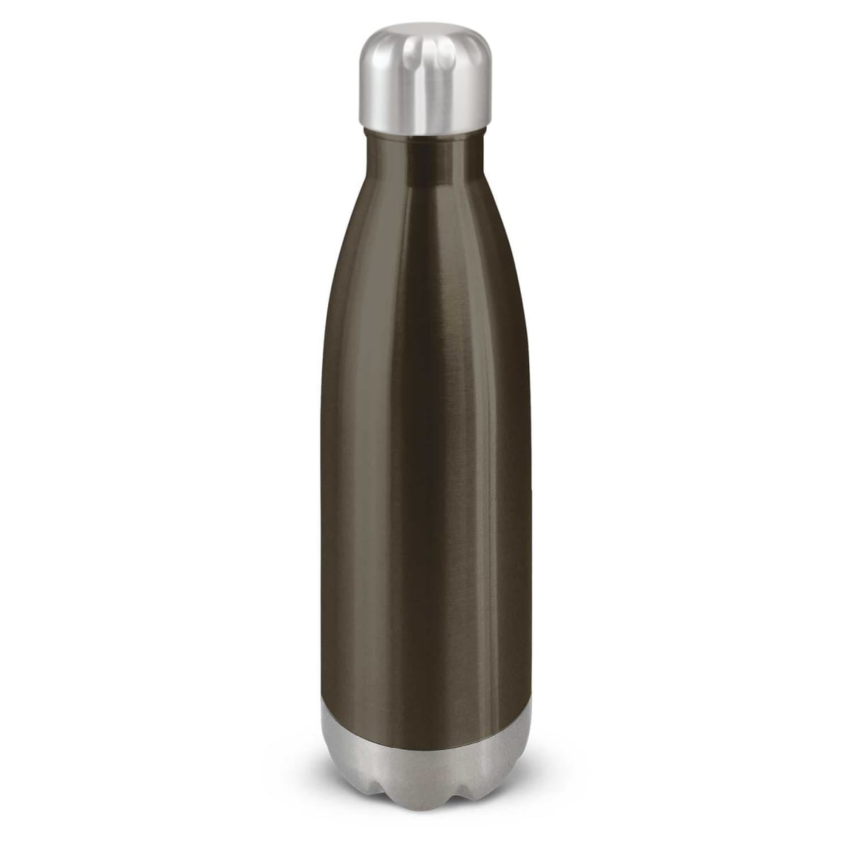 A drink bottle with a sleek design, featuring a dark metallic body and a silver, rounded cap.