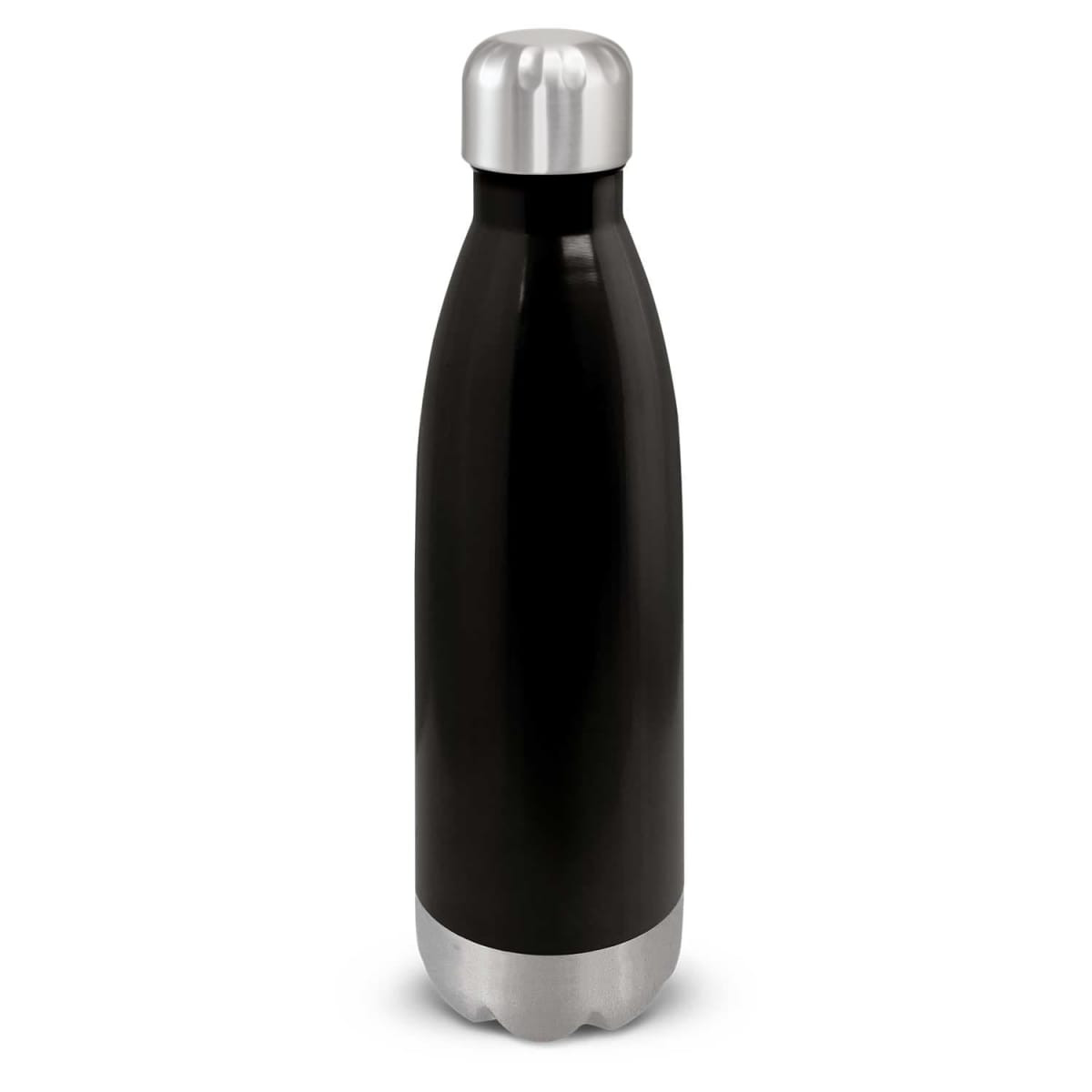 A drink bottle with a sleek black exterior and a silver cap, featuring a stainless steel base for durability.