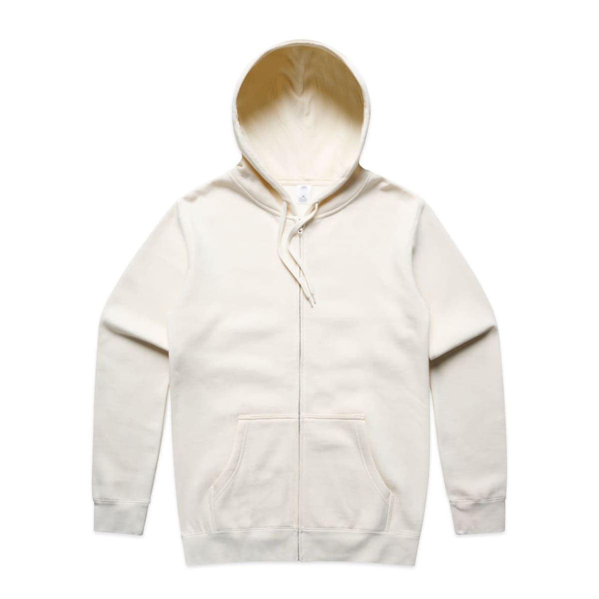 A cream Stencil Zip Hood jumper with a hood and front pockets, featuring a logo.