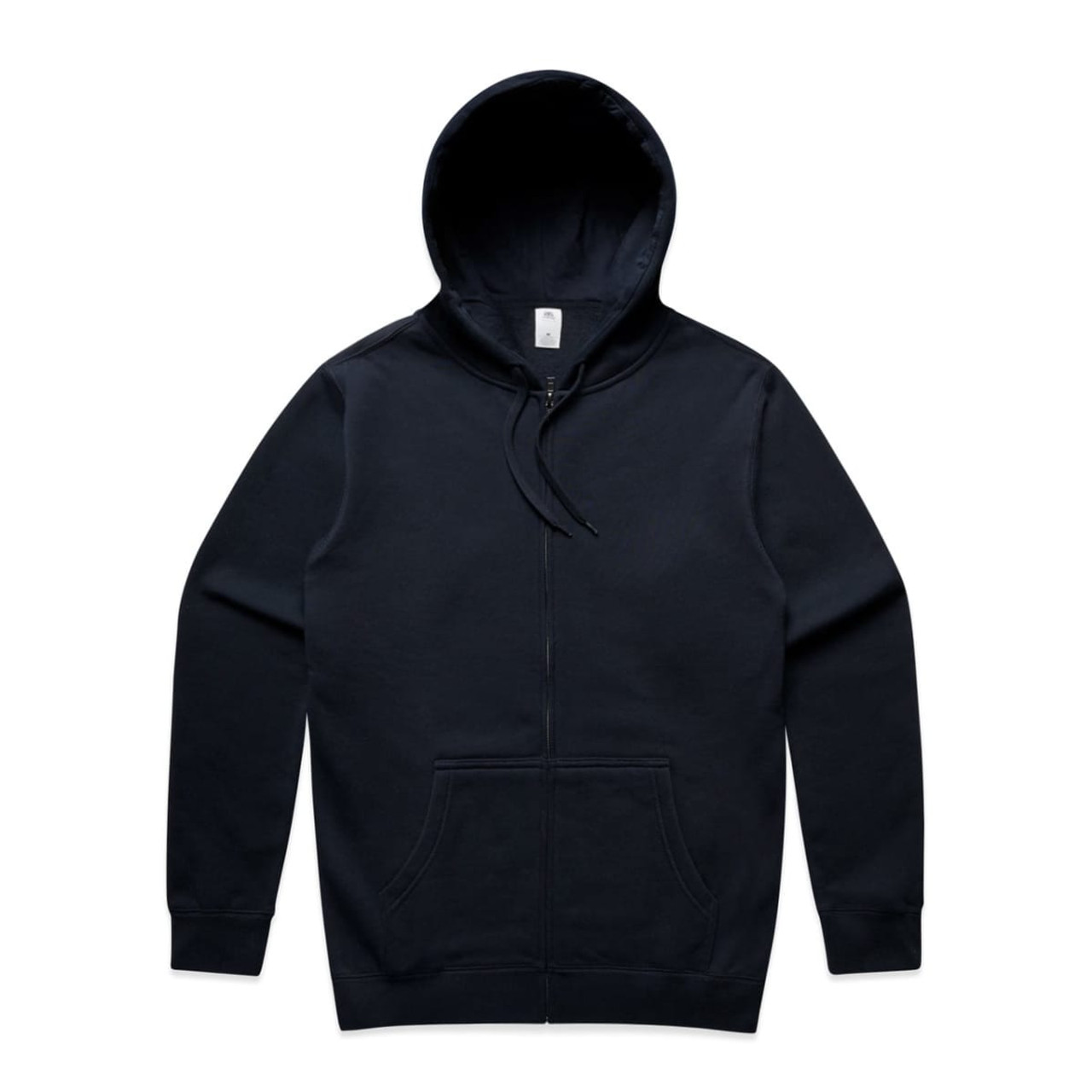 A navy blue zip-up hoodie with a drawstring hood and front pockets. It features a logo on the chest.