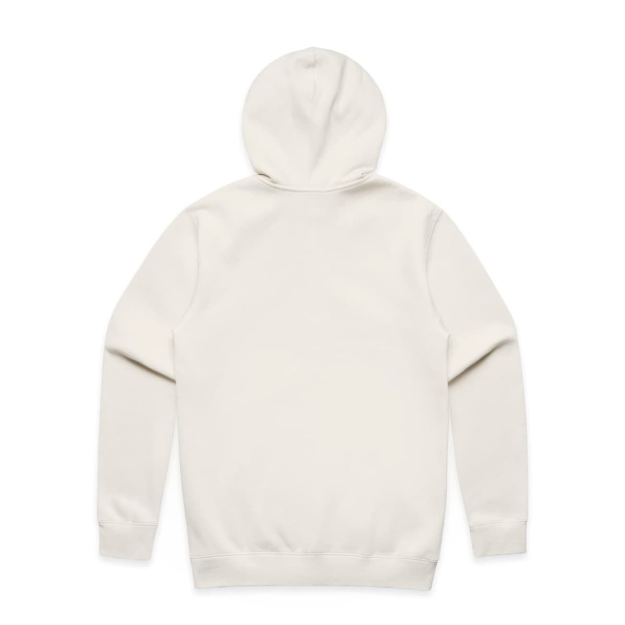 A light cream zip-up hoodie with a hood and long sleeves, featuring a plain back design.