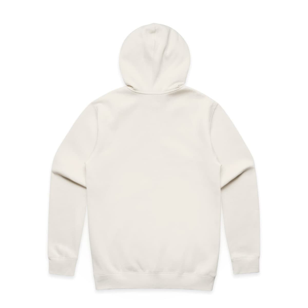 A light cream zip-up hoodie with a hood and long sleeves, featuring a plain back design.