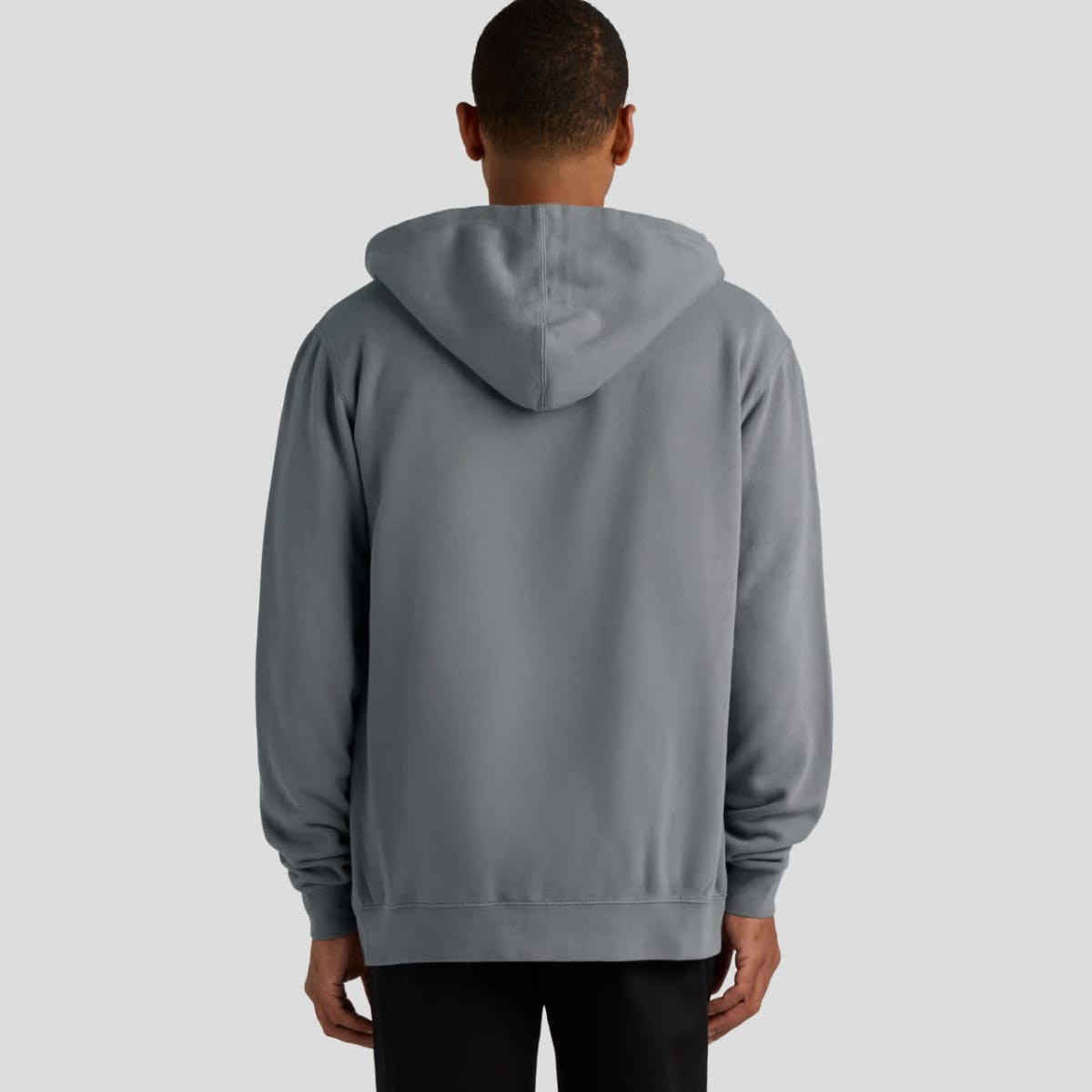 A grey hoodie with a hood, featuring a logo, viewed from the back.