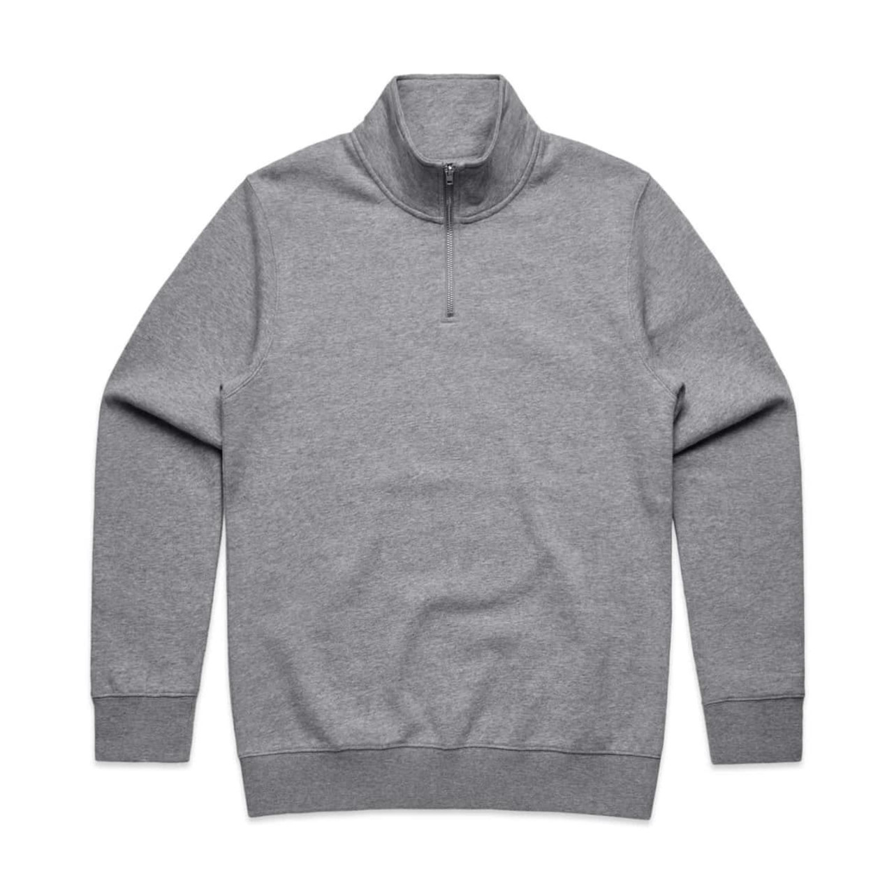 A grey half zip crew jumper with long sleeves and a collar. It features a branding logo.