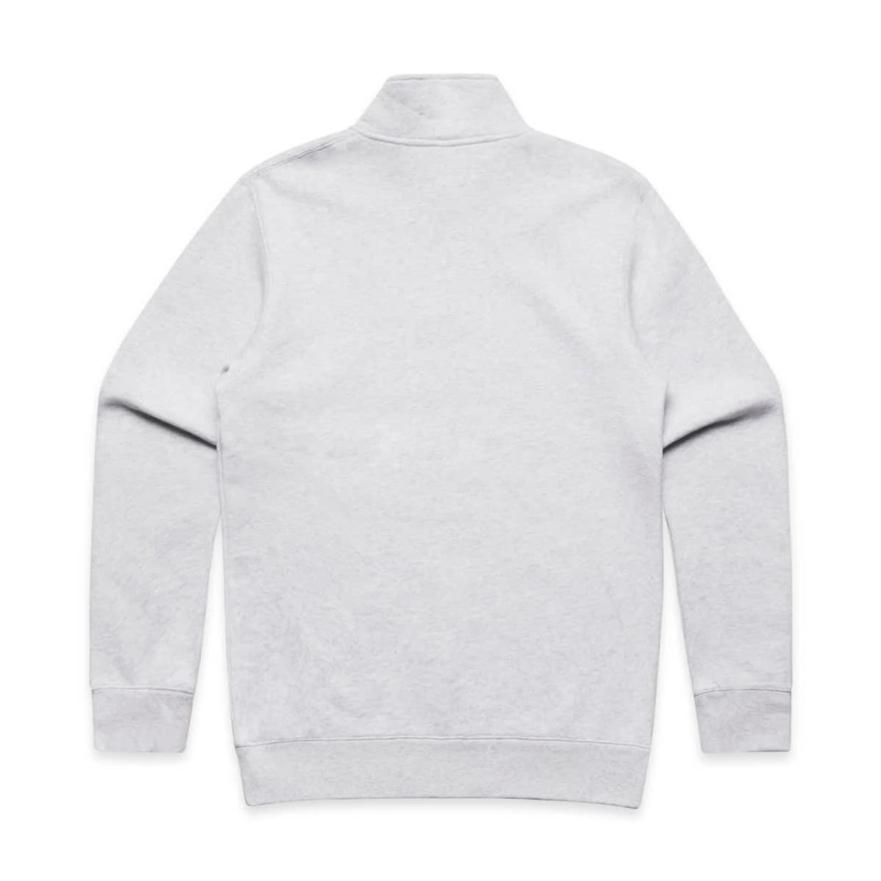 A grey half zip crew jumper, featuring long sleeves and a high collar, with a logo on the back.