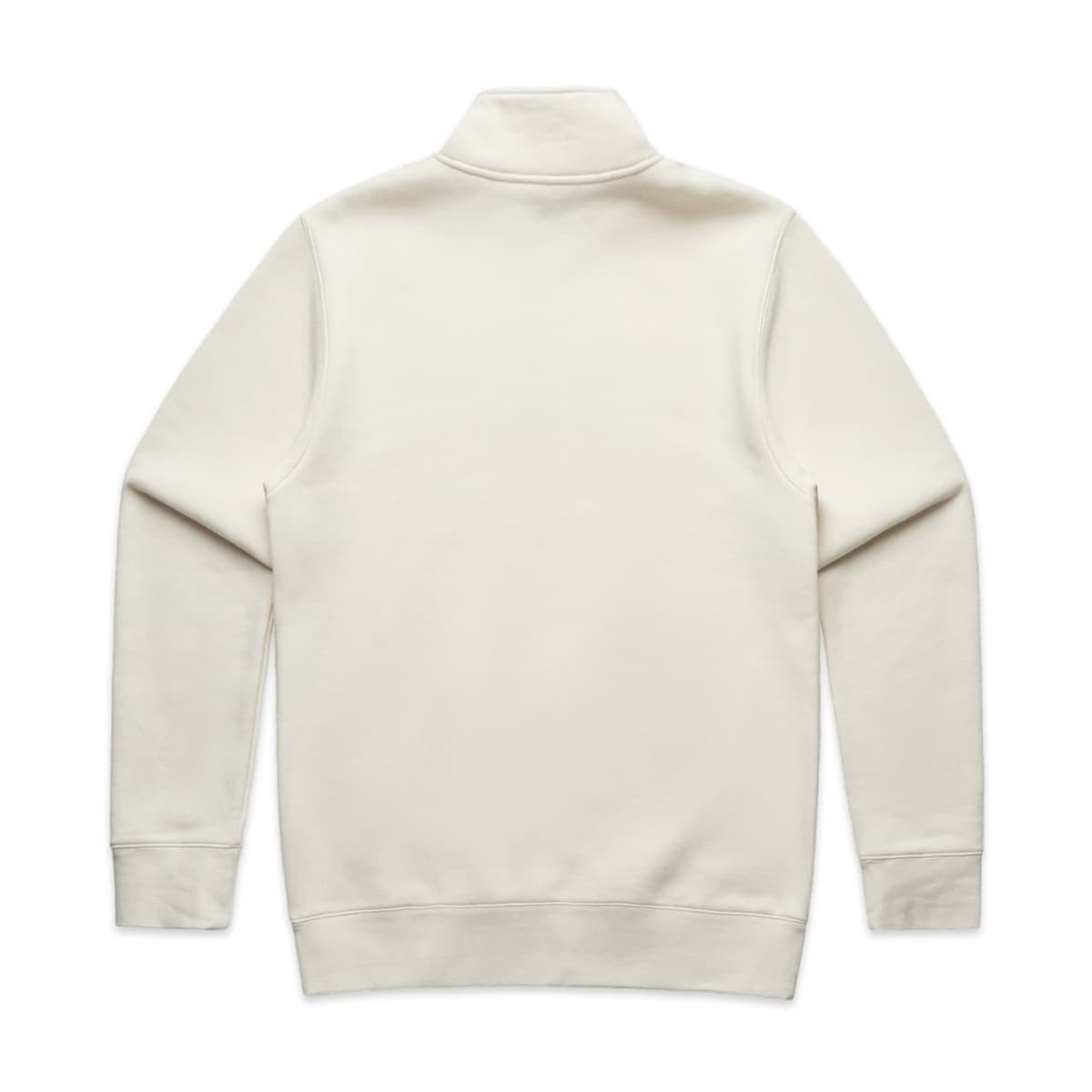 A cream-coloured sweater featuring a half zip and a collar, with long sleeves and a plain back. It has a logo.