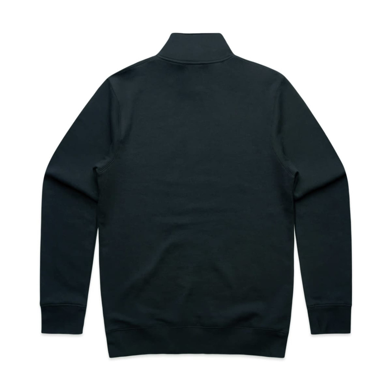 A dark green crew neck pullover with a half zip and long sleeves, featuring a plain back design.