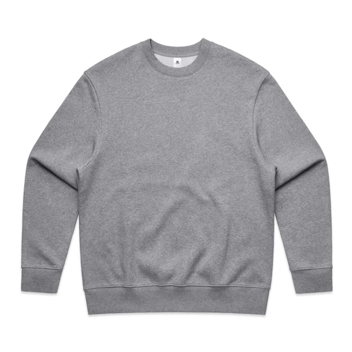 A grey sweatshirt with long sleeves and a crew neck, featuring a subtle branding logo.