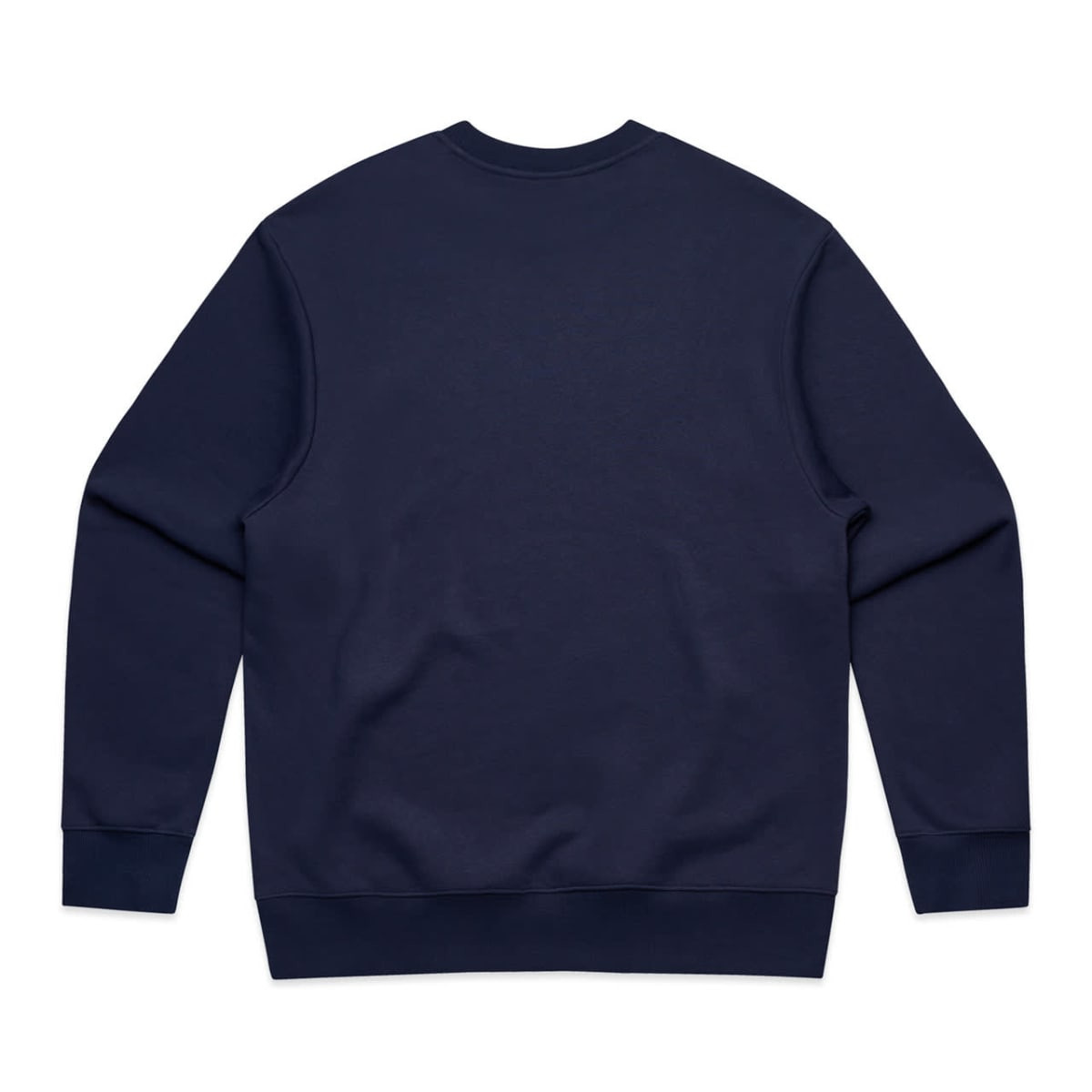 A navy blue jumper featuring long sleeves and a crew neck, with a plain back and a logo.