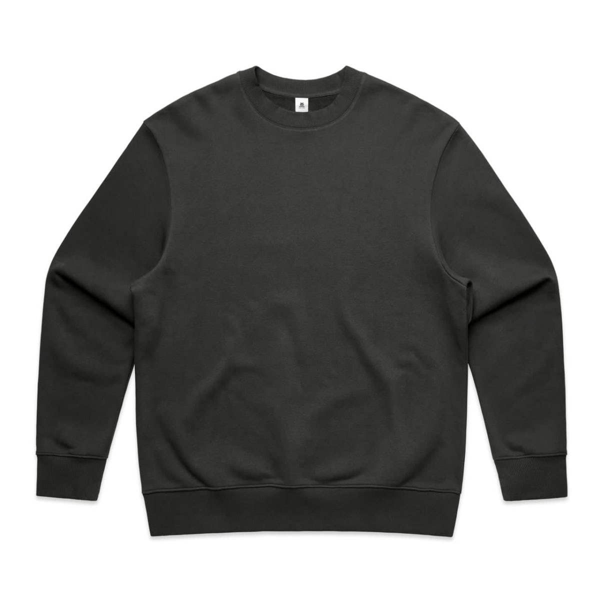 A dark grey crew jumper featuring a round neckline and long sleeves. It has a small logo on the label.
