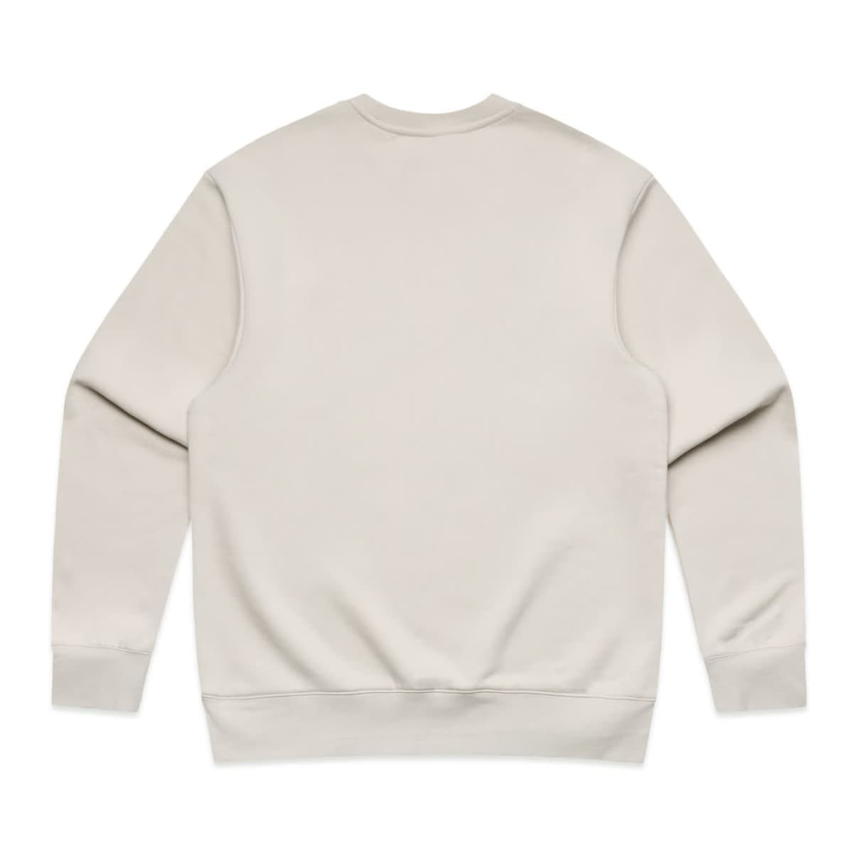 A light beige jumper with a plain back design and ribbed cuffs and hem. It features a logo on the neckline.