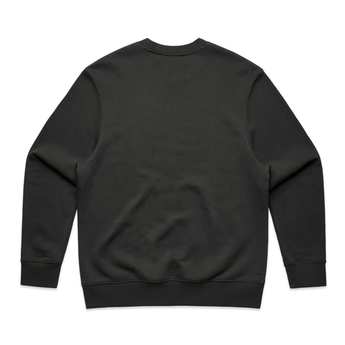 A black jumper with a plain back, featuring long sleeves and a crew neck design. It has a logo.